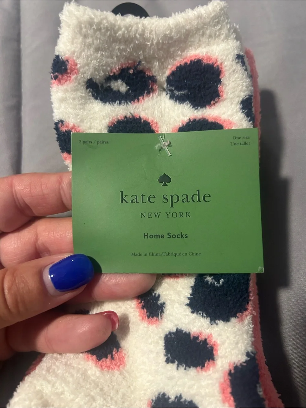 kate spade cream, navy & pink fuzzy leopard home socks